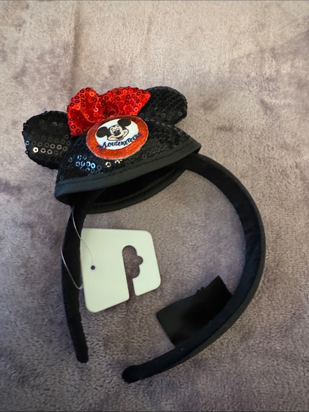 Disney Black Sequin Minnie Ear Headband with Red Bow Patch